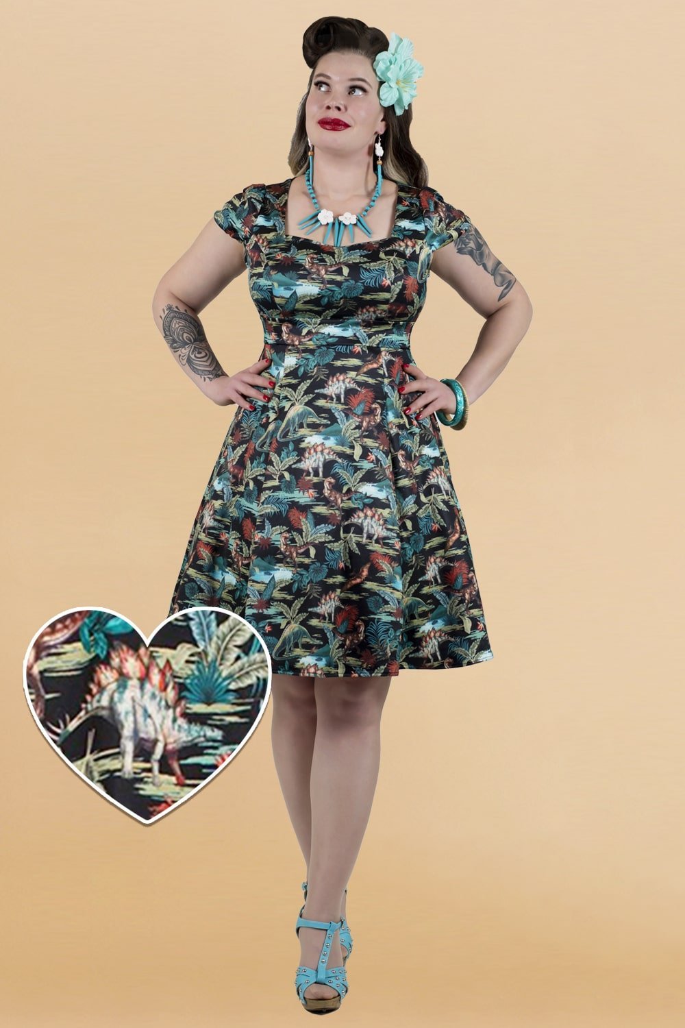 Claudia Black Jurassic Dinosaur Print Sleeved Swing Dress
