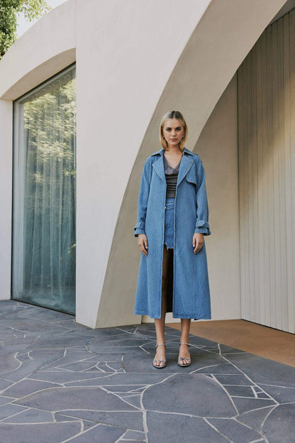 CURAAE Aurora Long Denim Textured Tie Trench