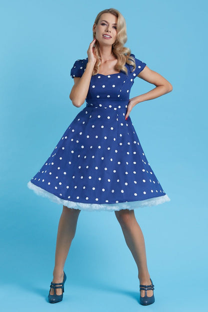 Claudia Flirty Fifties Style Polka Dot Dress In Navy-White