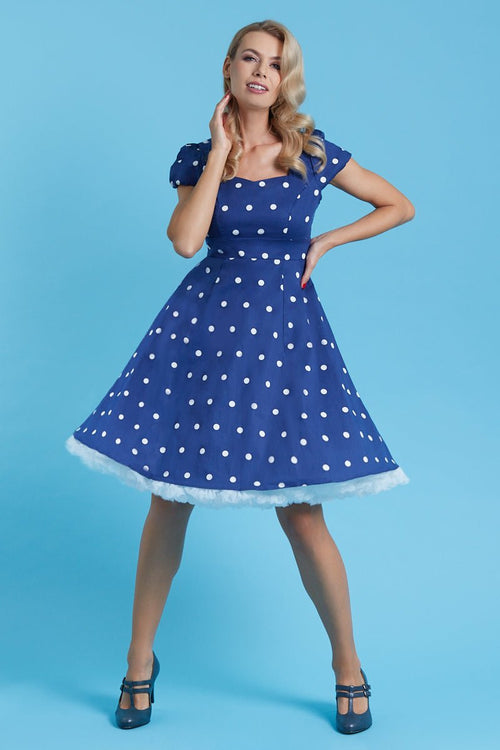 Claudia Flirty Fifties Style Polka Dot Dress In Navy-White