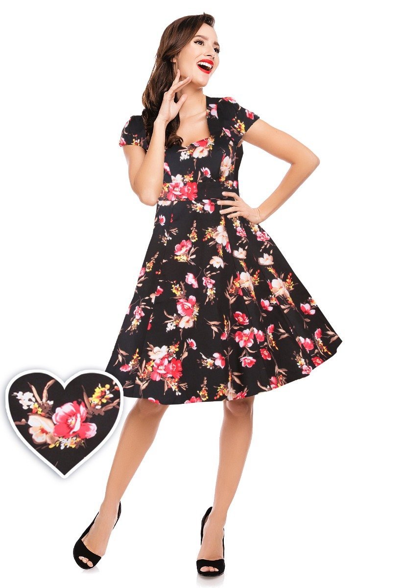 Claudia Flirty Fifties Swing Floral Dress in Black/Pink