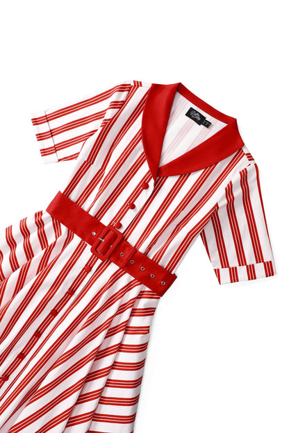 Mollie Red Striped Full Circle Shirt Dress