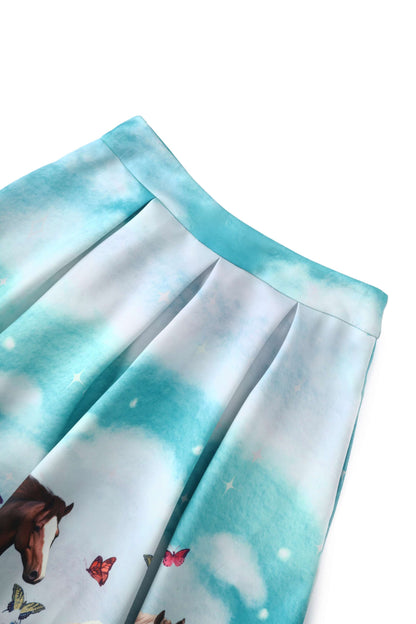 Aisley Horse Field Box Pleated Skirt In Blue