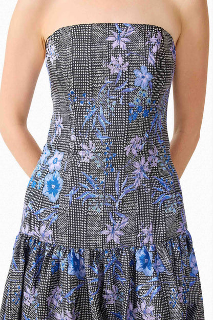 Allana Jacquard Strapless Gown in Black & Blue Floral