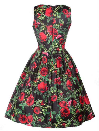 Annie Rose Thorns Floral Retro Dress in Black