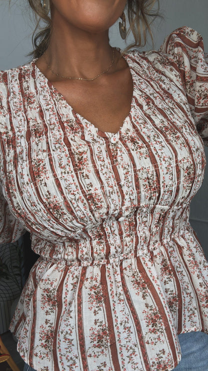 Dakota Smocked Blouse, Brown Multi