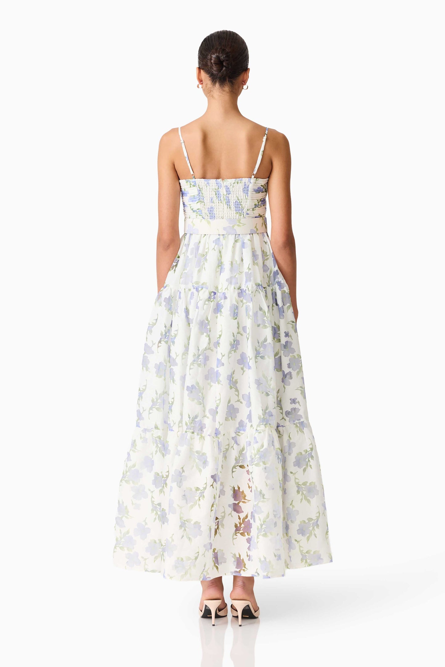 Cleo A-line Gown in White & Blue Floral