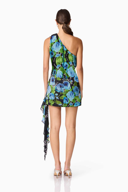 Briony Asymmetrical Mini Dress in Black & Blue Floral