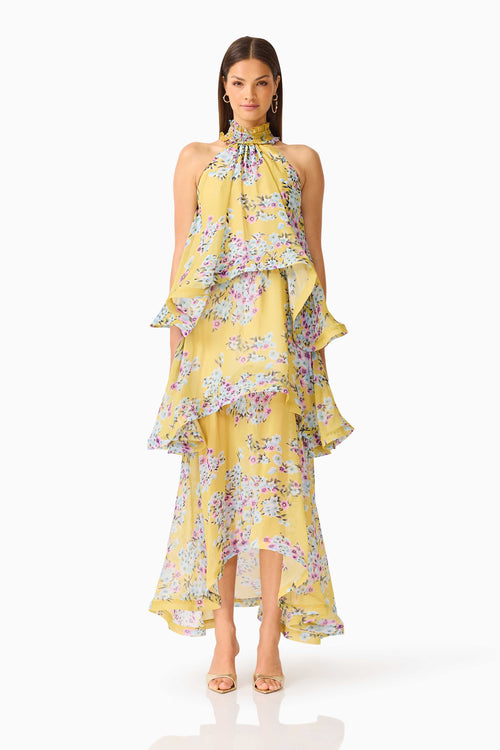 Briony Tiered Gown in Yellow Floral