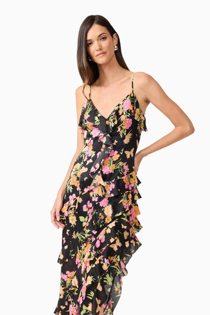 Tess Floral Asymmetrical Maxi Dress in Black
