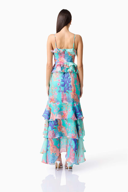 Coral Tiered Gown in Blue Multi