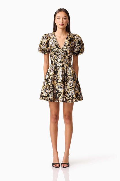 Celeste Puff Sleeve Mini Dress in Black and Gold