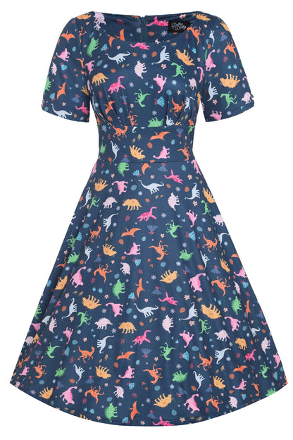 Brenda Navy Blue Dinosaur Flared Dress