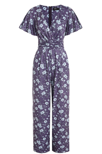 Esther Purple Floral Butterfly Sleeved Jumpsuit
