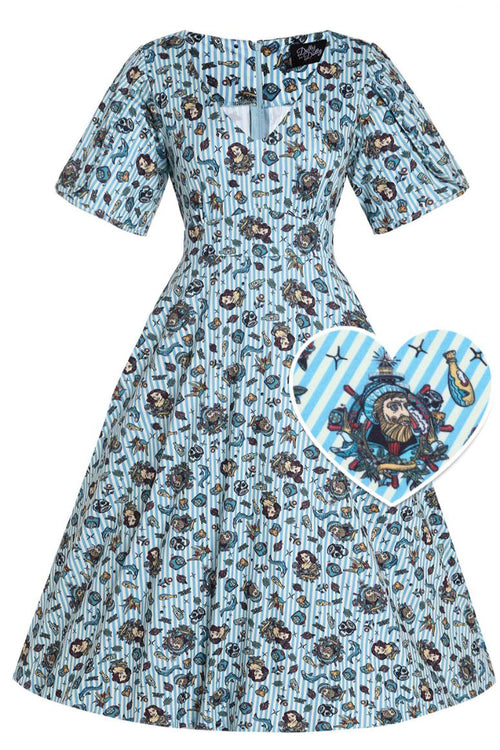 Janice Sleeved Tea Dress in Blue Striped Nautical Print