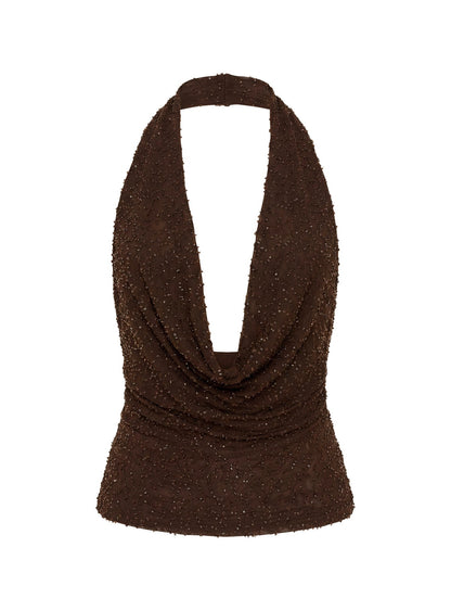 Auralie Plunge Neck Halter Top Brown