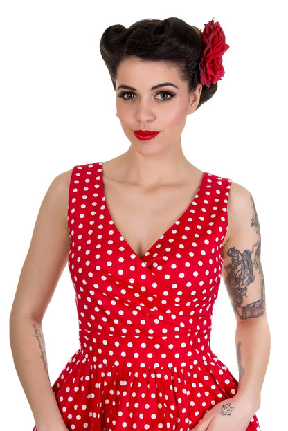 May Crossover Bust Red Polka Dots Swing Dress