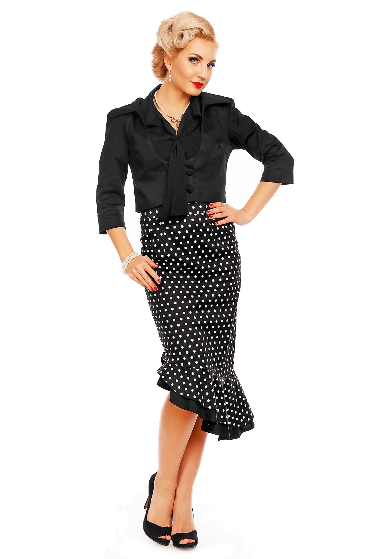 Madison High Waist 50s Style Ruffle Skirt In Black Polka Dots