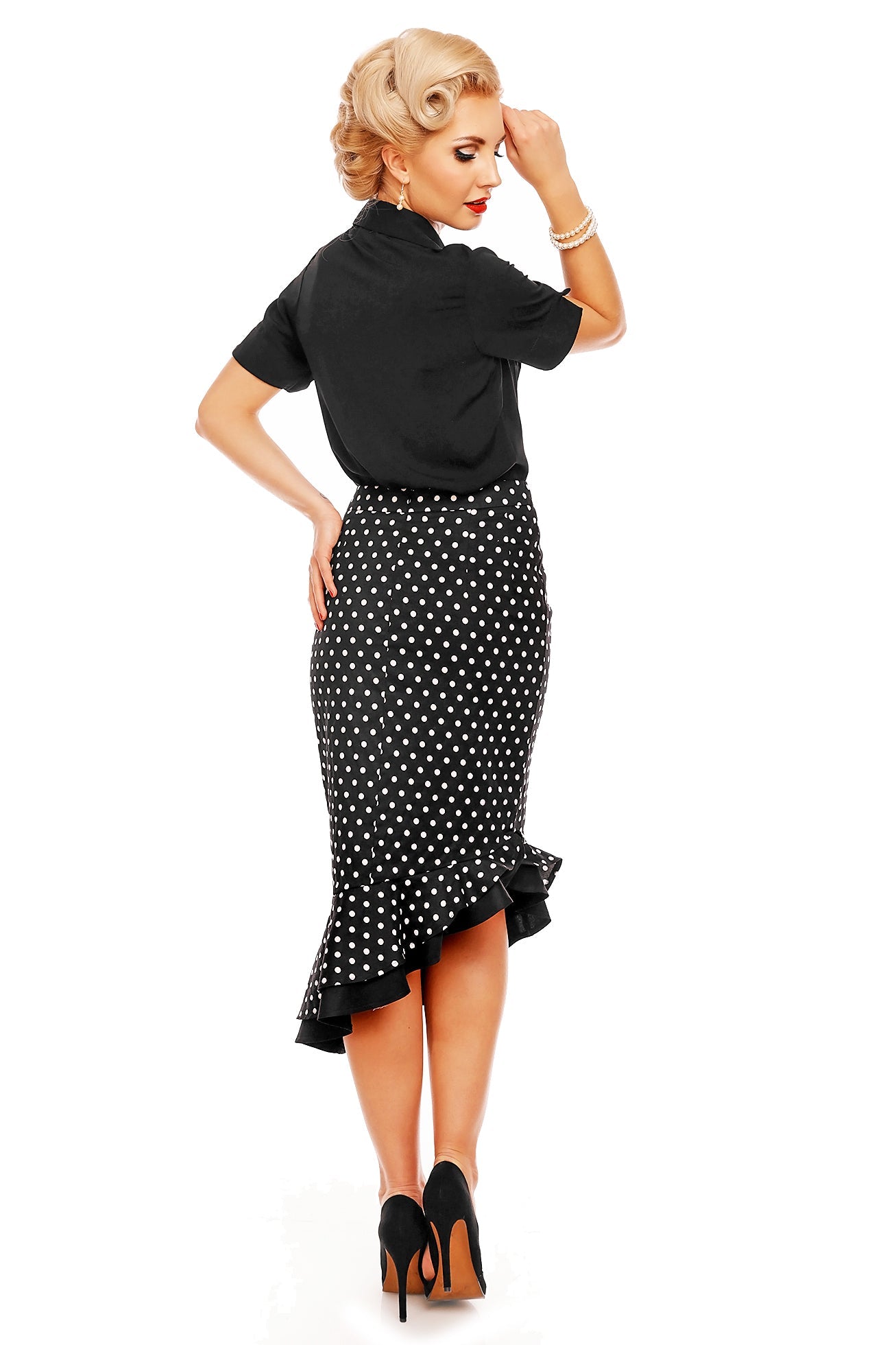 Madison High Waist 50s Style Ruffle Skirt In Black Polka Dots