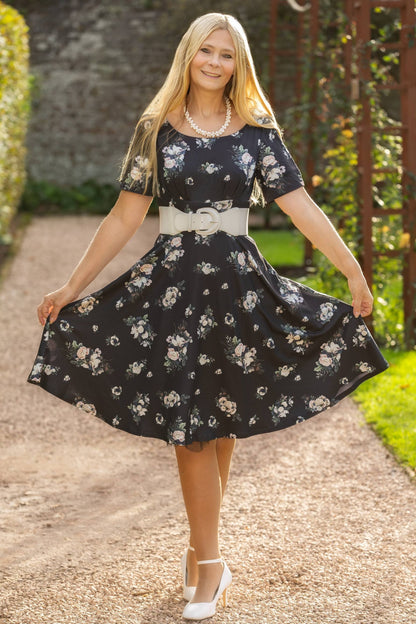 Brenda Black Floral Flared Dress