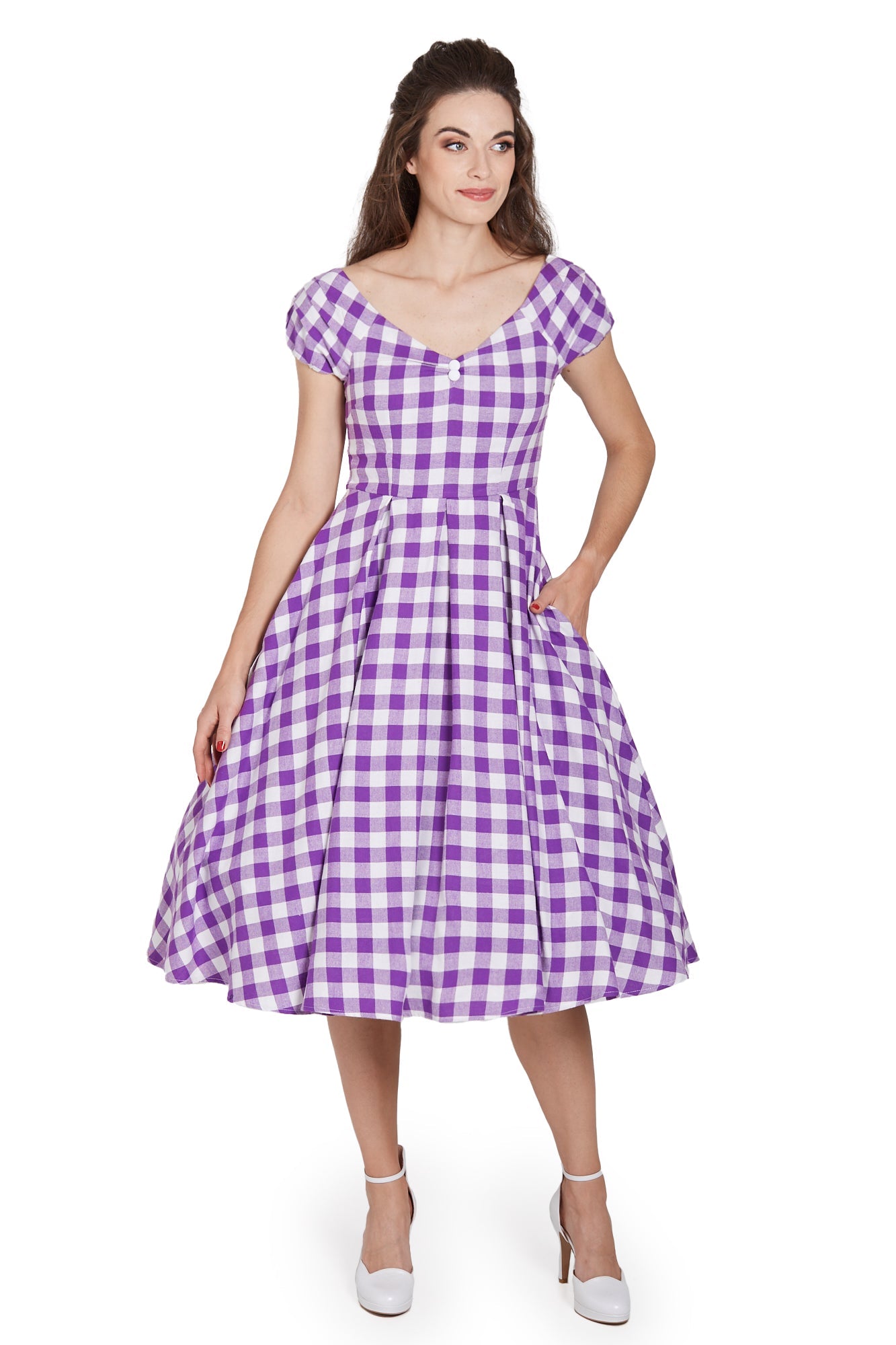 Lily Off Shoulder Purple Gingham Dress