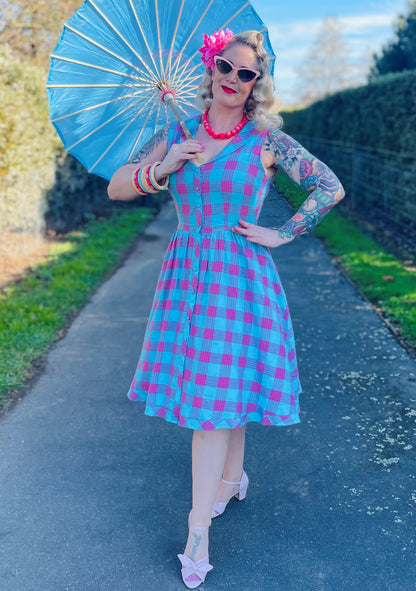 Maverick Retro Blue & Pink Check Shirt Dress