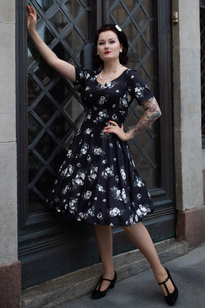 Brenda Black Floral Flared Dress