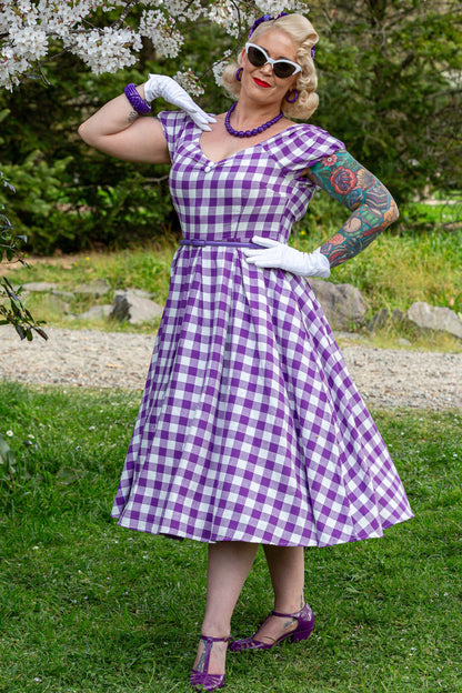 Lily Off Shoulder Purple Gingham Dress