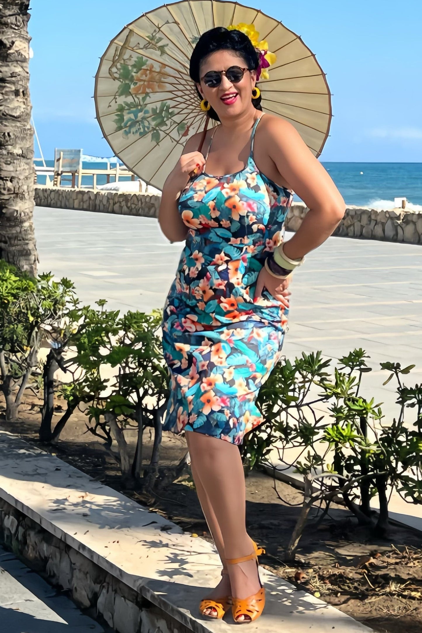 Norma Cross Strap Pencil Dress in Black Toucan Print