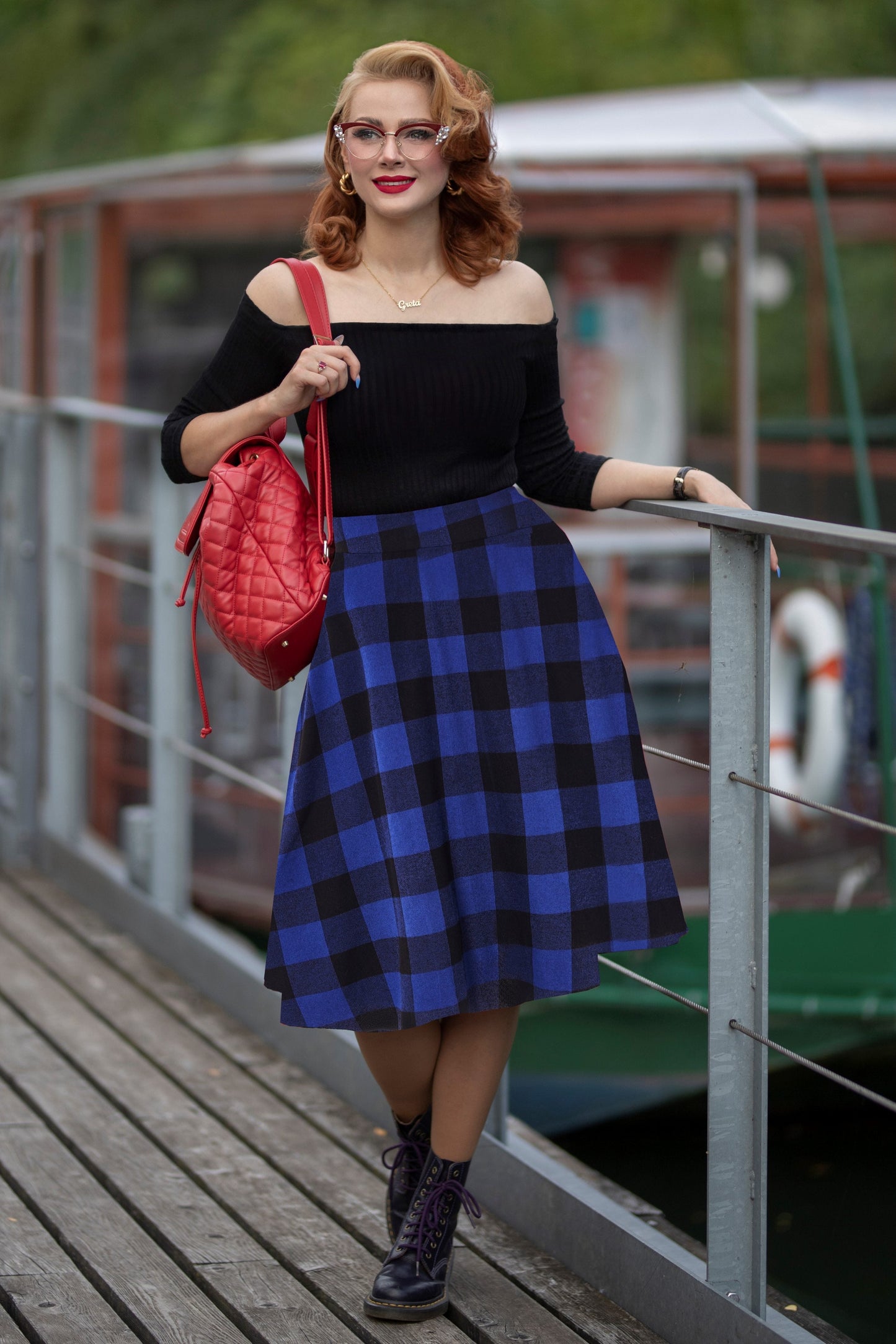 Joyce Flared Check Skirt in Blue/Black