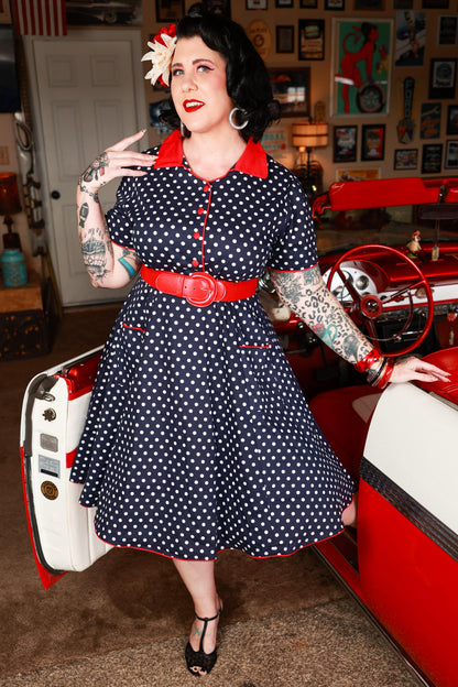 Penelope Navy Blue Polka Dot Rockabilly Shirt Dress