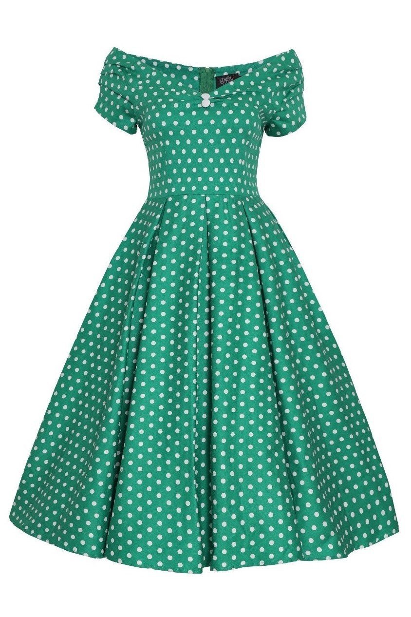Lily Off Shoulder Green Polka Dot Swing Dress