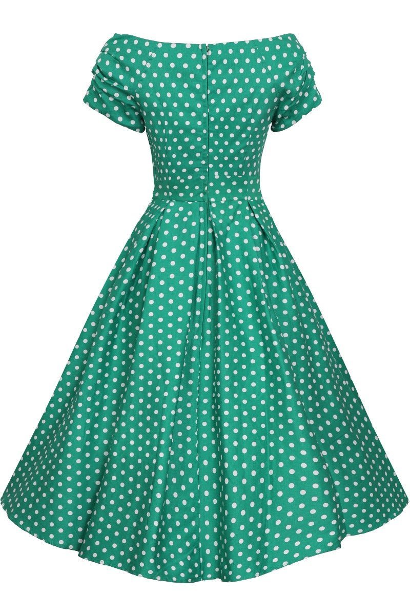 Lily Off Shoulder Green Polka Dot Swing Dress