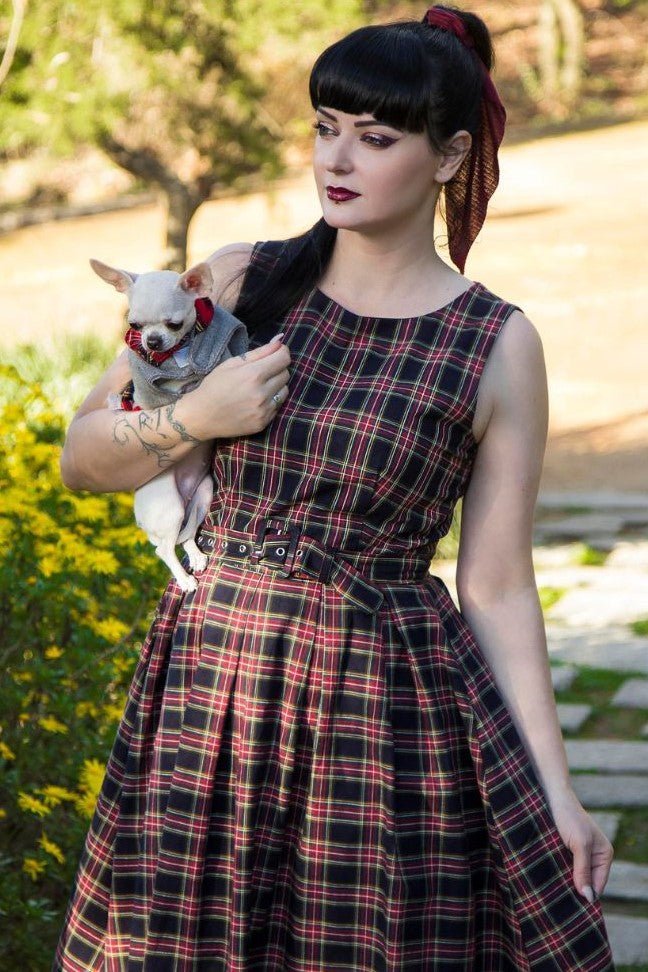 Annie Retro Check Swing Dress in Dark Blue & Red