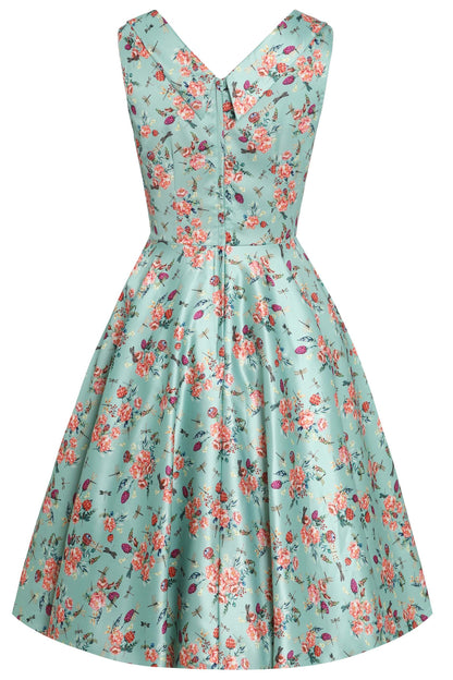 Grace Green Floral Dragonfly Pleated Bust Dress