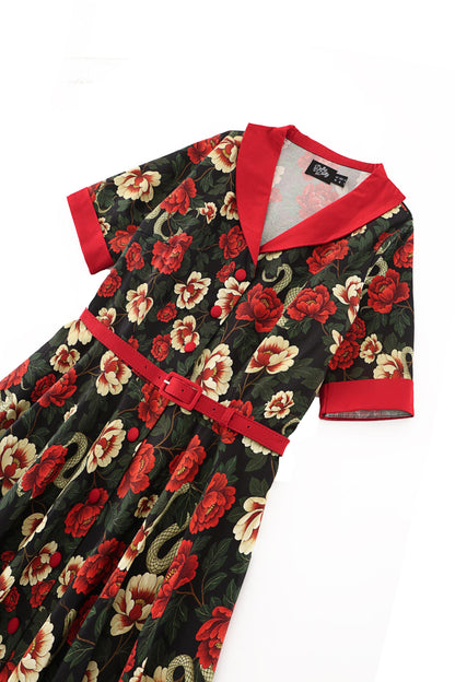 Mollie Black Rose & Snake Full Circle Shirt Dress