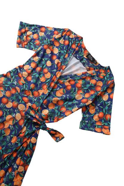 Matilda Navy Orange Branch Wrap Dress