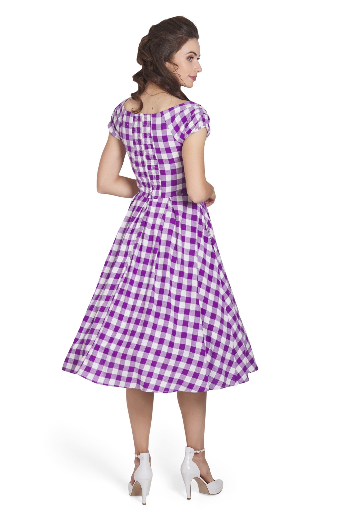 Lily Off Shoulder Purple Gingham Dress