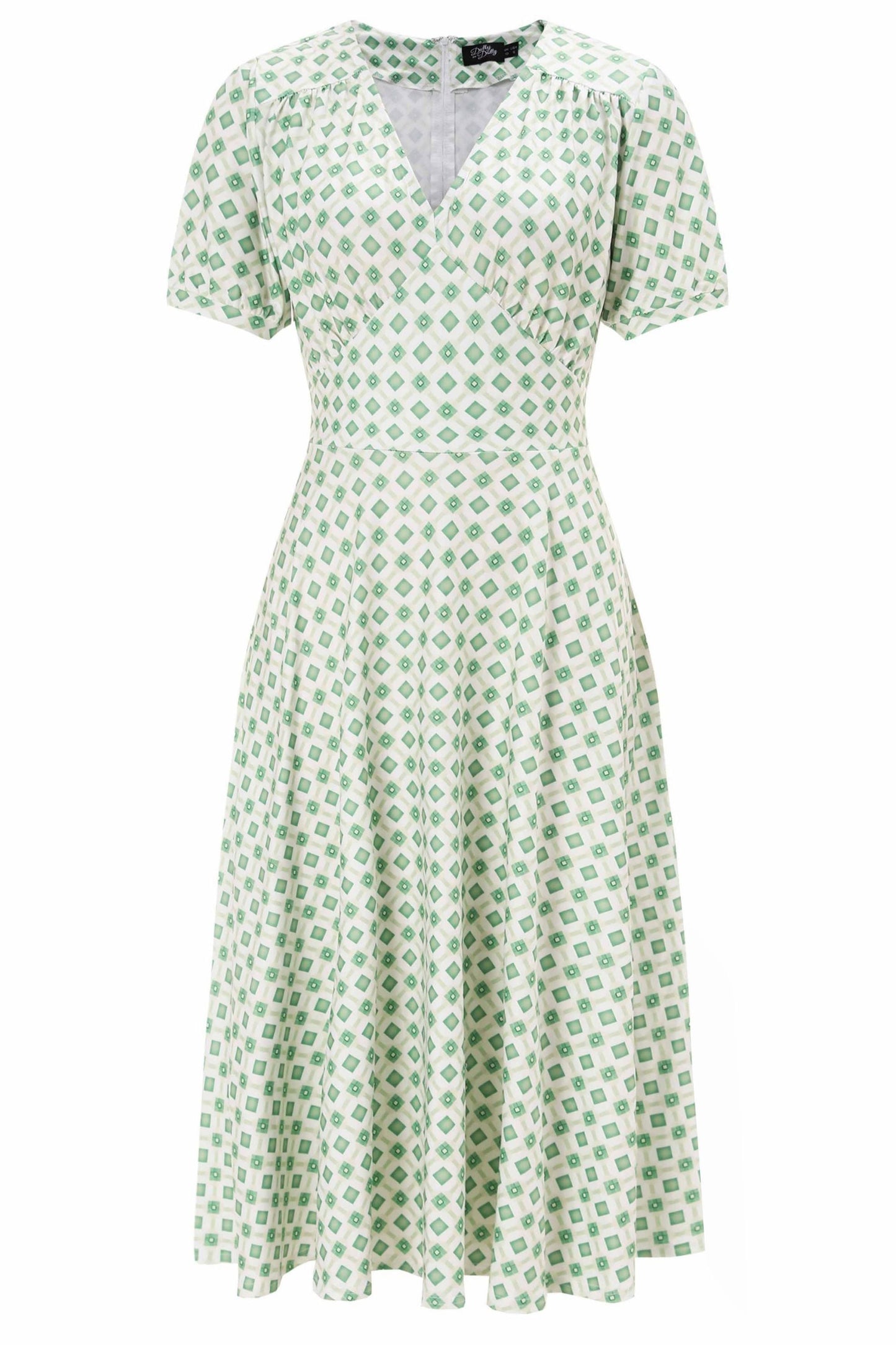 Julia 40s Green Midi Dress In Geometric Diamond Print