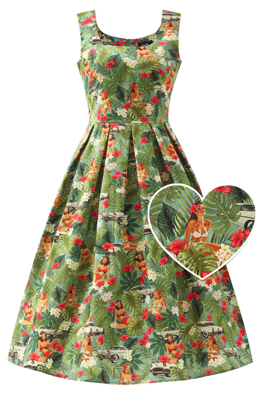 Ophelia Tropical Pinup Girl Midi Dress
