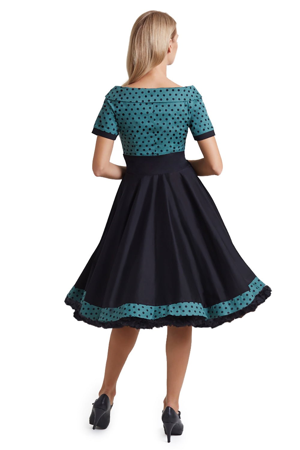 Darlene Black & Green Polka Dot Off Shoulder Swing Dress