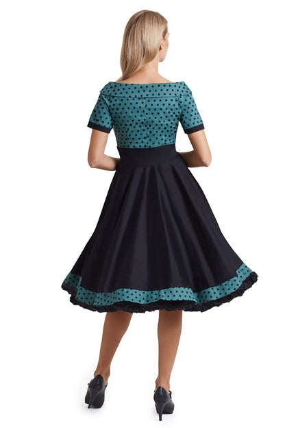 Darlene Black & Green Polka Dot Off Shoulder Swing Dress