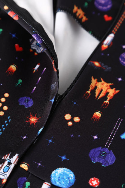Amanda Black Retro Arcade Game Flared Dress