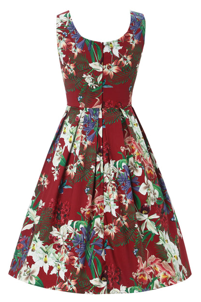 Amanda Burgundy Botanical Floral Swing Dress In Cotton