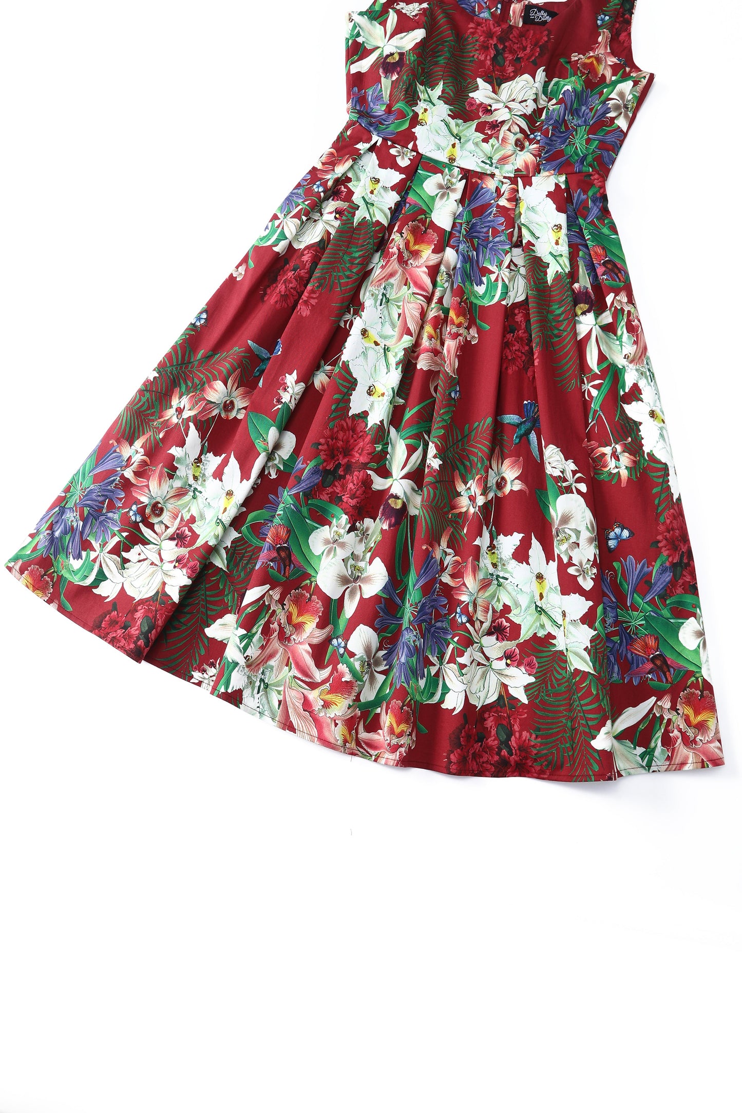 Amanda Burgundy Botanical Floral Swing Dress In Cotton