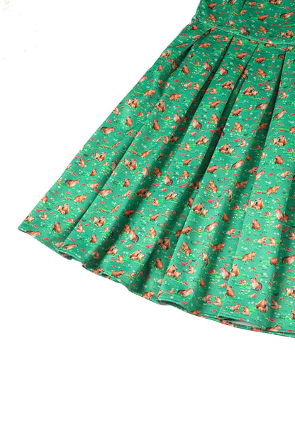 Amanda Green Flared Dress in Capybara Watermelon Print