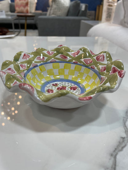 CERAMIC BOWL YELLOW CHECKER DESIGN SCALLOPED RIM
