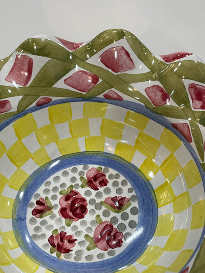 CERAMIC BOWL YELLOW CHECKER DESIGN SCALLOPED RIM