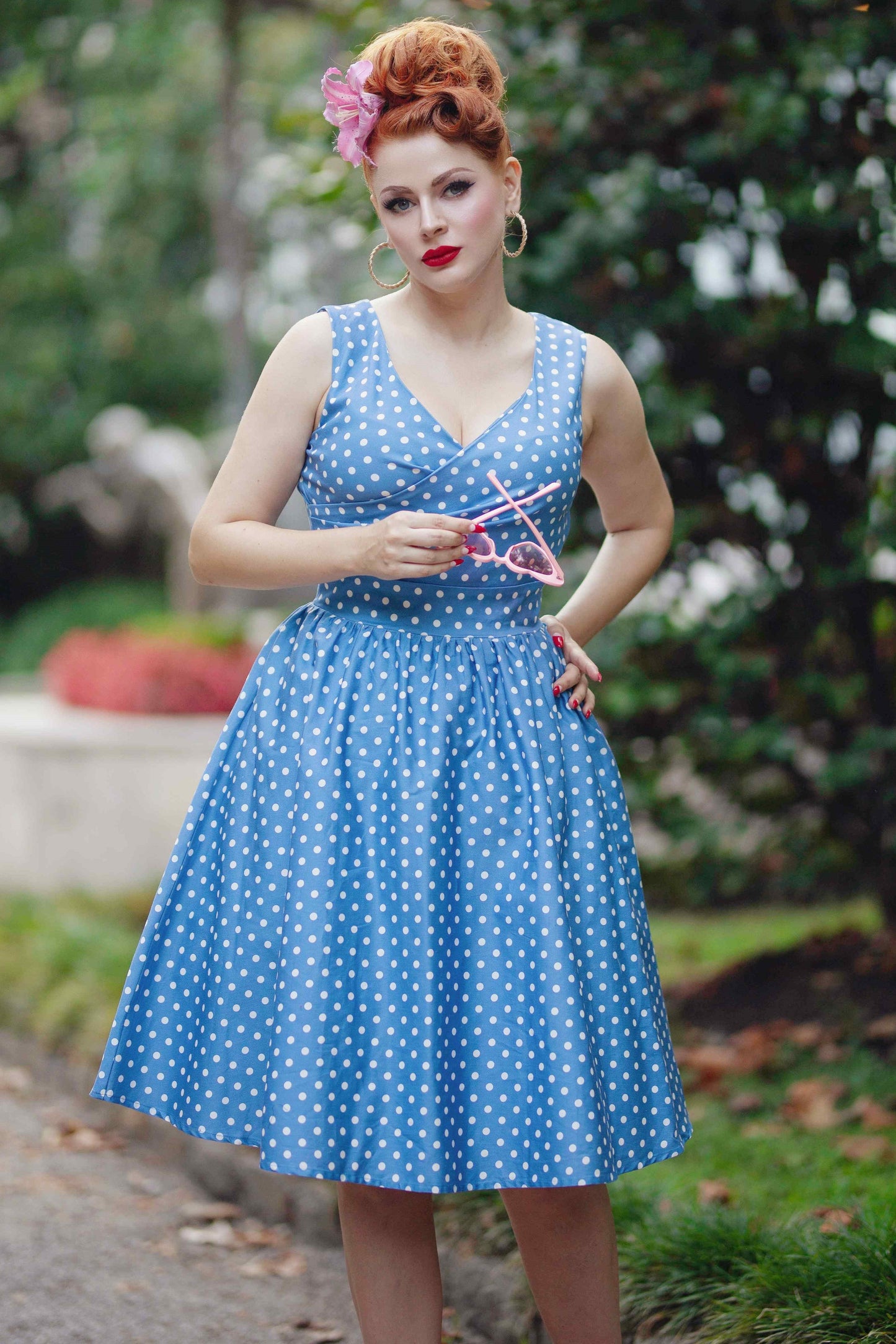 May Crossover Bust Blue and White Polka Dot Dress