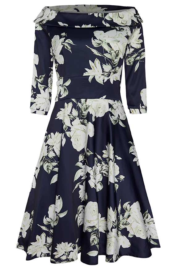 Deborah Flattering Swing Dress Navy with White Flowers